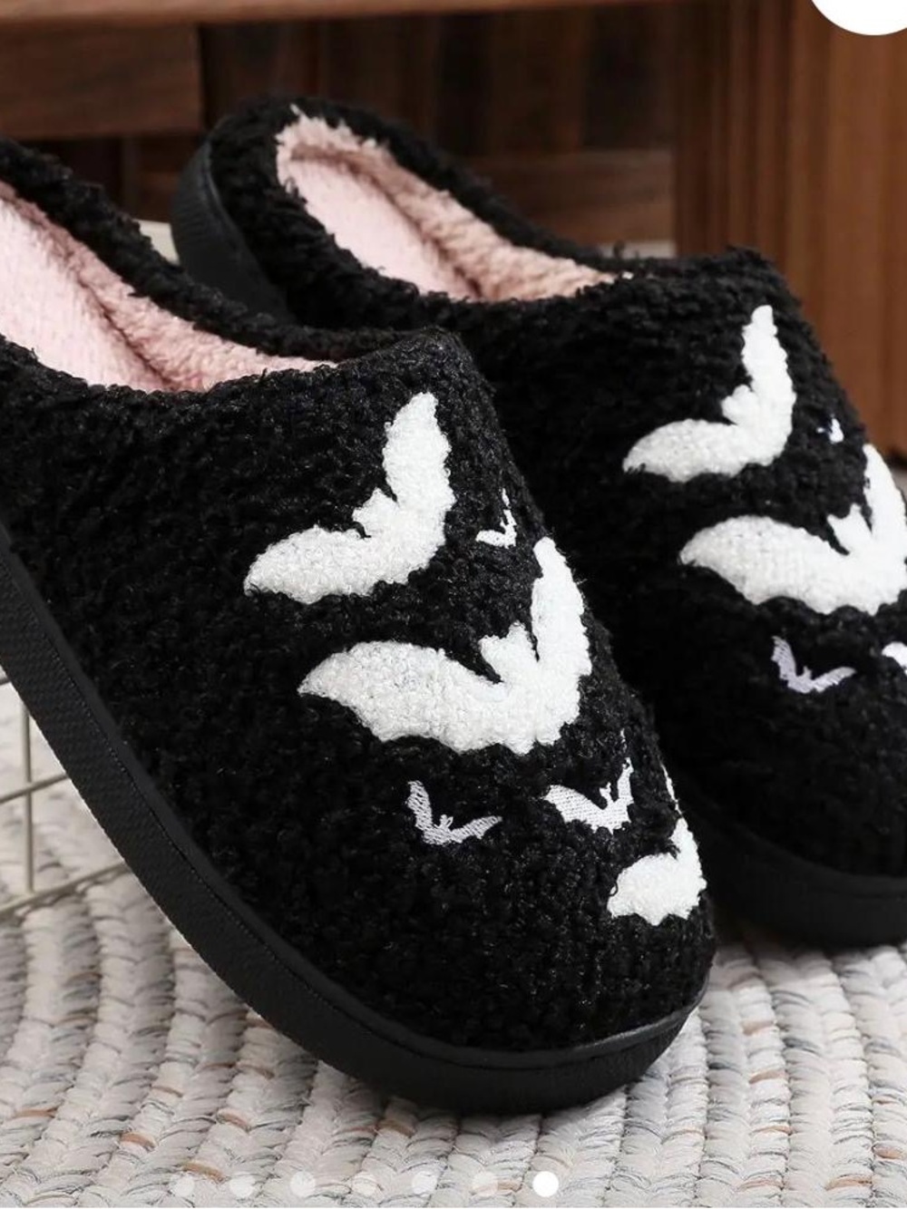 Nine West Black Plush Kids' Slippers with White Bat Motif and Pink Lining